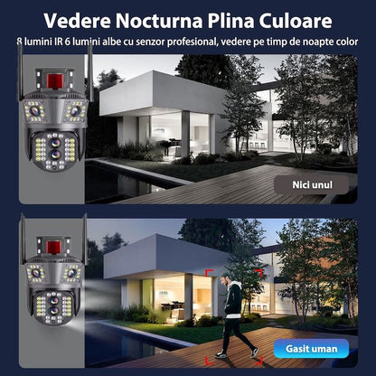 Camera Tripla de Supraveghere 8MP, Conexiune 4G si cablu de retea, 3 camere video integrate, 4 Lentile, 4K, Vedere Panoramica, Exterior/Interior 10X zoom, procesor AI, vedere nocturna color, senzor de miscare, lumina LED, inteligenta de urmarire
