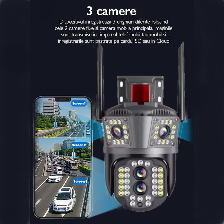 Camera Tripla de Supraveghere 8MP, Conexiune 4G si cablu de retea, 3 camere video integrate, 4 Lentile, 4K, Vedere Panoramica, Exterior/Interior 10X zoom, procesor AI, vedere nocturna color, senzor de miscare, lumina LED, inteligenta de urmarire