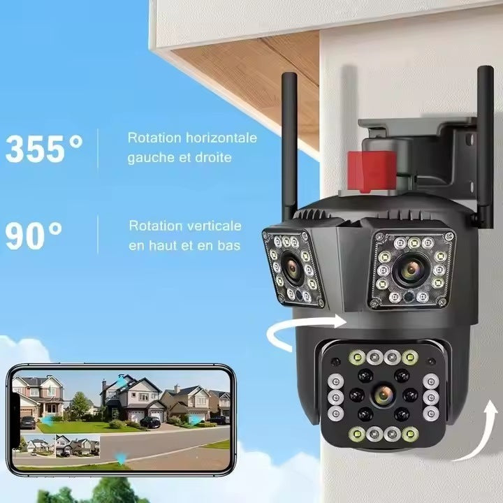 Camera Tripla de Supraveghere 8MP, Conexiune 4G si cablu de retea, 3 camere video integrate, 4 Lentile, 4K, Vedere Panoramica, Exterior/Interior 10X zoom, procesor AI, vedere nocturna color, senzor de miscare, lumina LED, inteligenta de urmarire