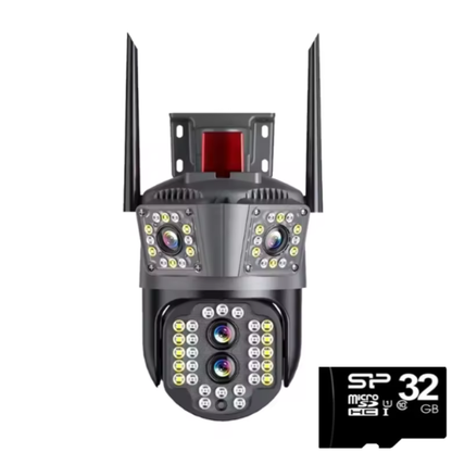 Camera Tripla de Supraveghere 8MP, Conexiune 4G si cablu de retea, 3 camere video integrate, 4 Lentile, 4K, Vedere Panoramica, Exterior/Interior 10X zoom, procesor AI, vedere nocturna color, senzor de miscare, lumina LED, inteligenta de urmarire