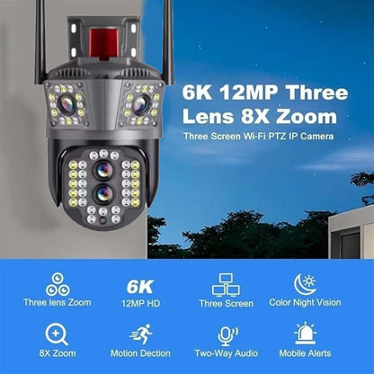 Camera Tripla de Supraveghere 8MP, Conexiune 4G si cablu de retea, 3 camere video integrate, 4 Lentile, 4K, Vedere Panoramica, Exterior/Interior 10X zoom, procesor AI, vedere nocturna color, senzor de miscare, lumina LED, inteligenta de urmarire