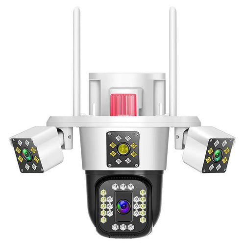 Camera Supraveghere 12MP Tripa cu 4 Lentile WIFI Ultra HD 6K, 2 Camere fixe reglabile si una mobila, rotire din aplicatie 360 grade, Vedere color noaptea, audio bidirectional, Detectare umana, Procesor AI, Rezistenta IP66, Acoperire Panoramică