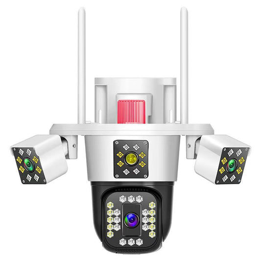 Camera Supraveghere 12MP Tripa cu 4 Lentile WIFI Ultra HD 6K, 2 Camere fixe reglabile si una mobila, rotire din aplicatie 360 grade, Vedere color noaptea, audio bidirectional, Detectare umana, Procesor AI, Rezistenta IP66, Acoperire Panoramică