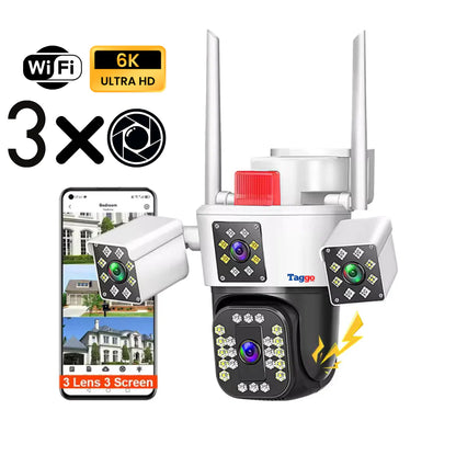 Camera Supraveghere 12MP Tripa cu 4 Lentile WIFI Ultra HD 6K, 2 Camere fixe reglabile si una mobila, rotire din aplicatie 360 grade, Vedere color noaptea, audio bidirectional, Detectare umana, Procesor AI, Rezistenta IP66, Acoperire Panoramică