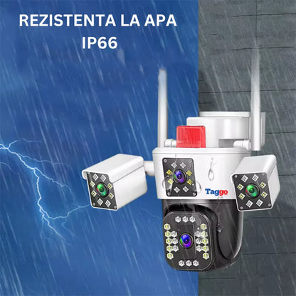 Camera de supraveghere Tripa cu 4 Lentile WIFI Ultra HD 12MP 6K, 2 Camere fixe reglabile si una mobila, rotire din aplicatie 360 grade, Vedere color noaptea, audio bidirectional, Detectare umana, Procesor AI, Rezistenta IP66, Acoperire Panoramică