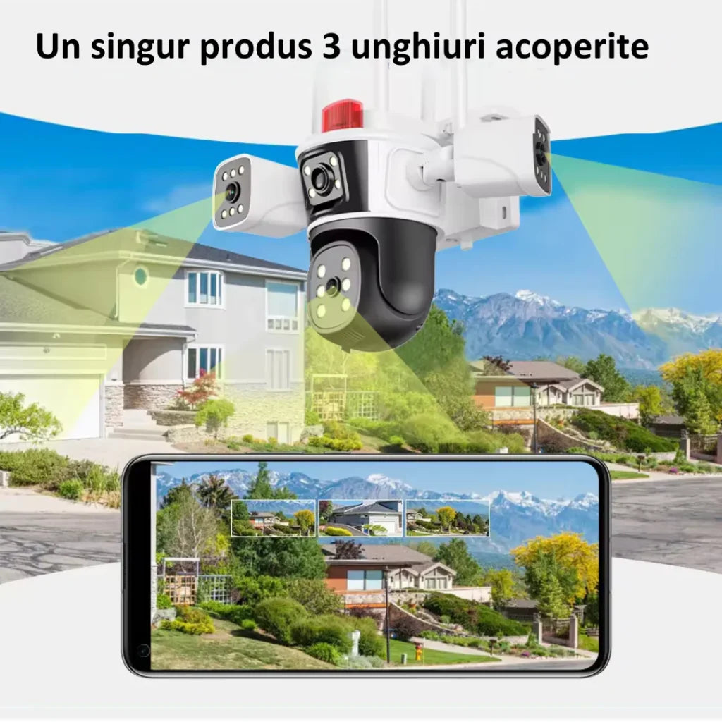 Camera de supraveghere Tripa cu 4 Lentile WIFI Ultra HD 12MP 6K, 2 Camere fixe reglabile si una mobila, rotire din aplicatie 360 grade, Vedere color noaptea, audio bidirectional, Detectare umana, Procesor AI, Rezistenta IP66, Acoperire Panoramică