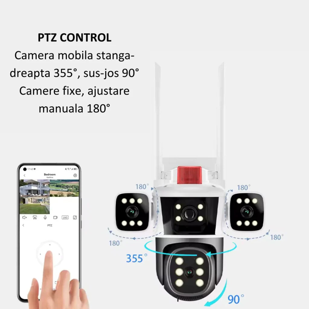 Camera de supraveghere Tripa cu 4 Lentile WIFI Ultra HD 12MP 6K, 2 Camere fixe reglabile si una mobila, rotire din aplicatie 360 grade, Vedere color noaptea, audio bidirectional, Detectare umana, Procesor AI, Rezistenta IP66, Acoperire Panoramică