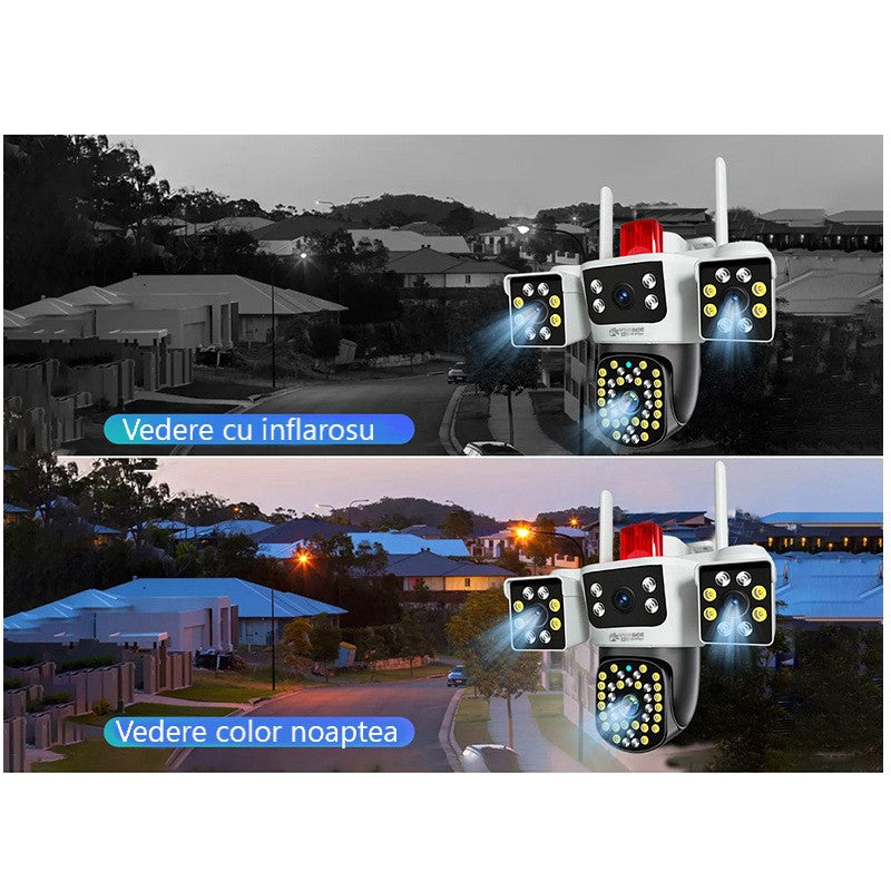 Camera de supraveghere Tripa cu 4 Lentile WIFI Ultra HD 12MP 6K, 2 Camere fixe reglabile si una mobila, rotire din aplicatie 360 grade, Vedere color noaptea, audio bidirectional, Detectare umana, Procesor AI, Rezistenta IP66, Acoperire Panoramică