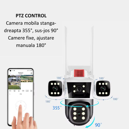 Camera Supraveghere 12MP Tripa cu 4 Lentile WIFI Ultra HD 6K, 2 Camere fixe reglabile si una mobila, rotire din aplicatie 360 grade, Vedere color noaptea, audio bidirectional, Detectare umana, Procesor AI, Rezistenta IP66, Acoperire Panoramică