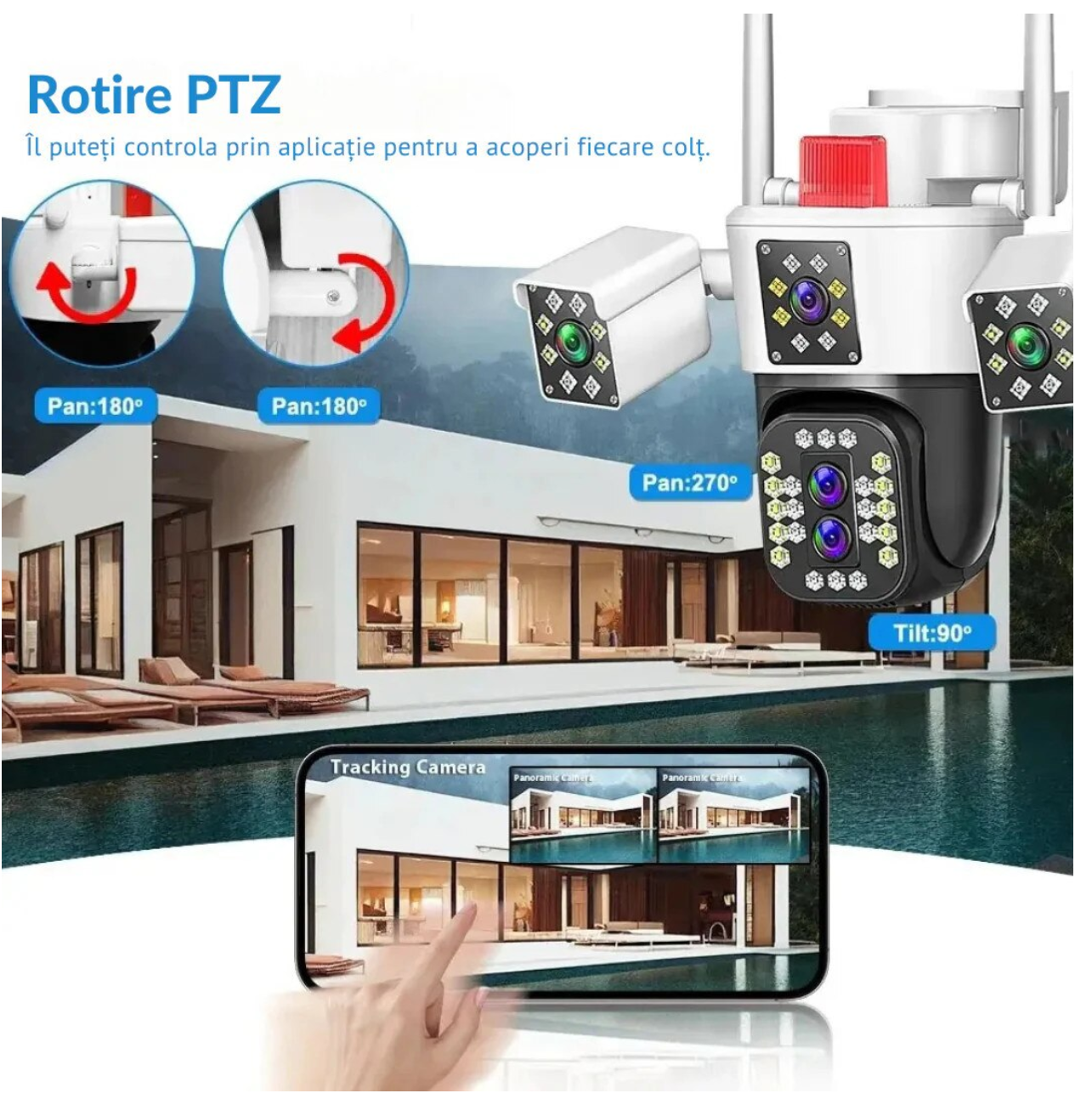 Camera Supraveghere 12MP Tripa cu 4 Lentile WIFI Ultra HD 6K, 2 Camere fixe reglabile si una mobila, rotire din aplicatie 360 grade, Vedere color noaptea, audio bidirectional, Detectare umana, Procesor AI, Rezistenta IP66, Acoperire Panoramică