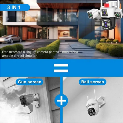 Camera de supraveghere Tripa cu 4 Lentile WIFI Ultra HD 12MP 6K, 2 Camere fixe reglabile si una mobila, rotire din aplicatie 360 grade, Vedere color noaptea, audio bidirectional, Detectare umana, Procesor AI, Rezistenta IP66, Acoperire Panoramică