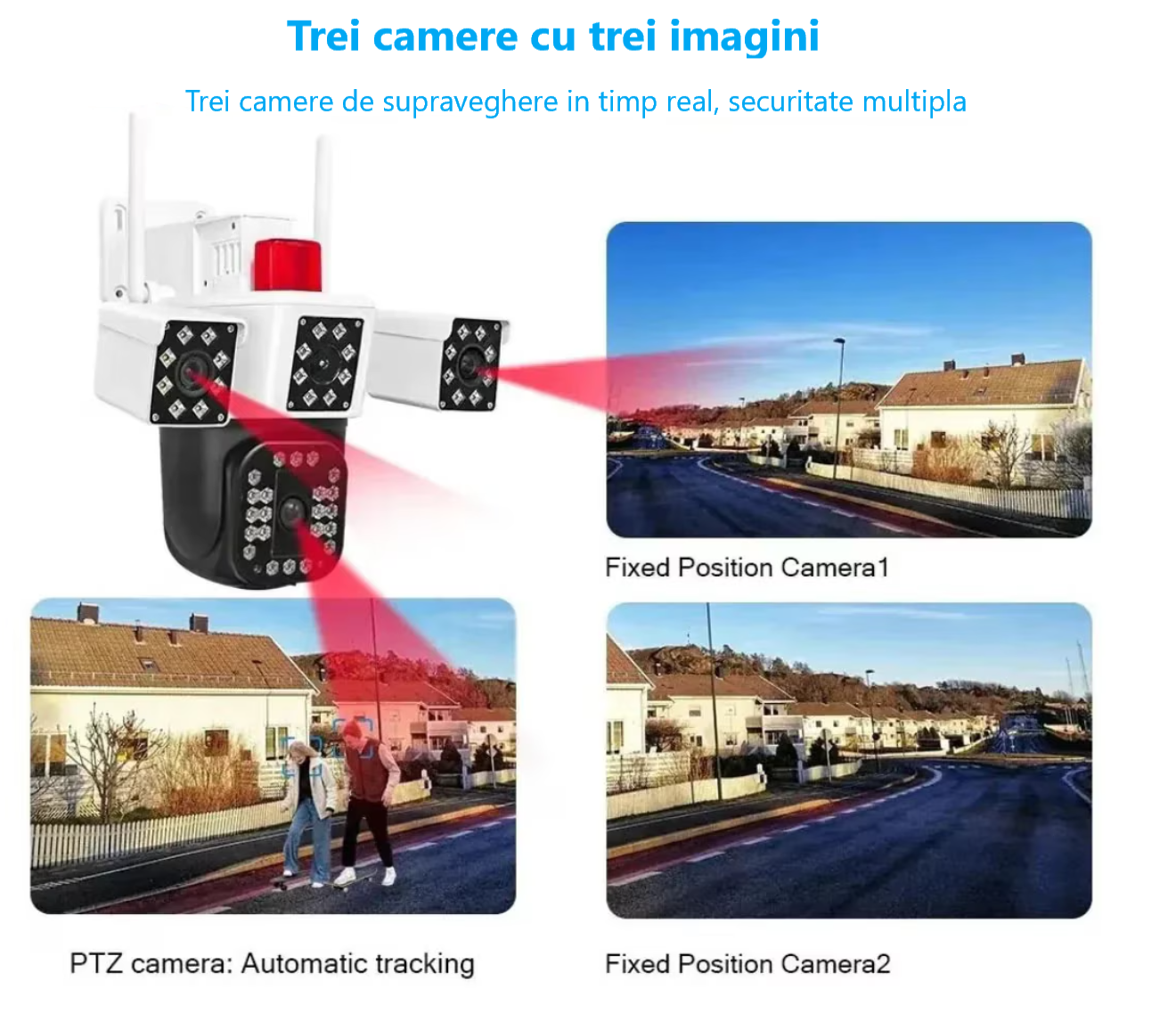 Camera de supraveghere Tripa cu 4 Lentile WIFI Ultra HD 12MP 6K, 2 Camere fixe reglabile si una mobila, rotire din aplicatie 360 grade, Vedere color noaptea, audio bidirectional, Detectare umana, Procesor AI, Rezistenta IP66, Acoperire Panoramică