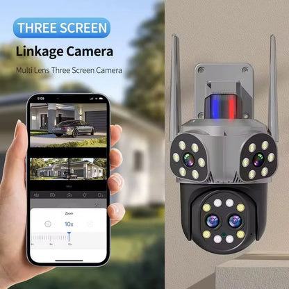 Camera de Supraveghere Tripla Jortan 6K Ultra HD 9MP, 4 Lentile Vedere nocturna color, Rotire 360°, Procesor AI, inteligenta de urmarire, Vedere Panoramica, IP66