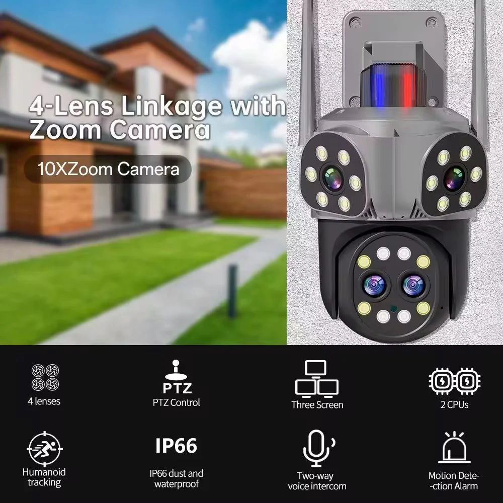 Camera de Supraveghere Tripla Jortan 6K Ultra HD 9MP, 4 Lentile Vedere nocturna color, Rotire 360°, Procesor AI, inteligenta de urmarire, Vedere Panoramica, IP66