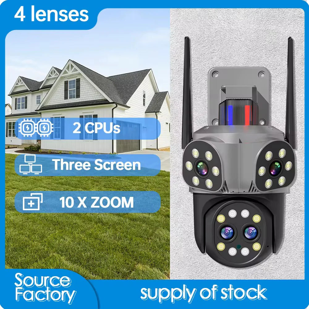 Camera de Supraveghere Tripla Jortan 6K Ultra HD 9MP, 4 Lentile Vedere nocturna color, Rotire 360°, Procesor AI, inteligenta de urmarire, Vedere Panoramica, IP66