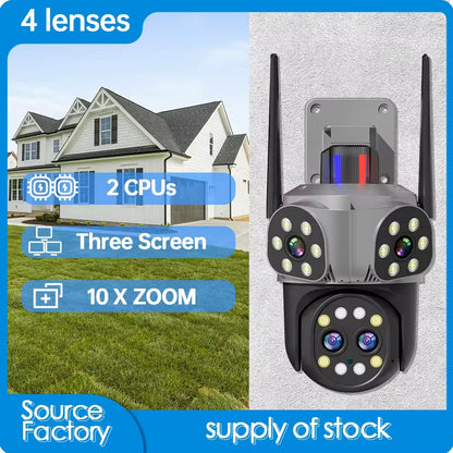 Camera de Supraveghere Tripla Jortan 6K Ultra HD 9MP, 4 Lentile Vedere nocturna color, Rotire 360°, Procesor AI, inteligenta de urmarire, Vedere Panoramica, IP66