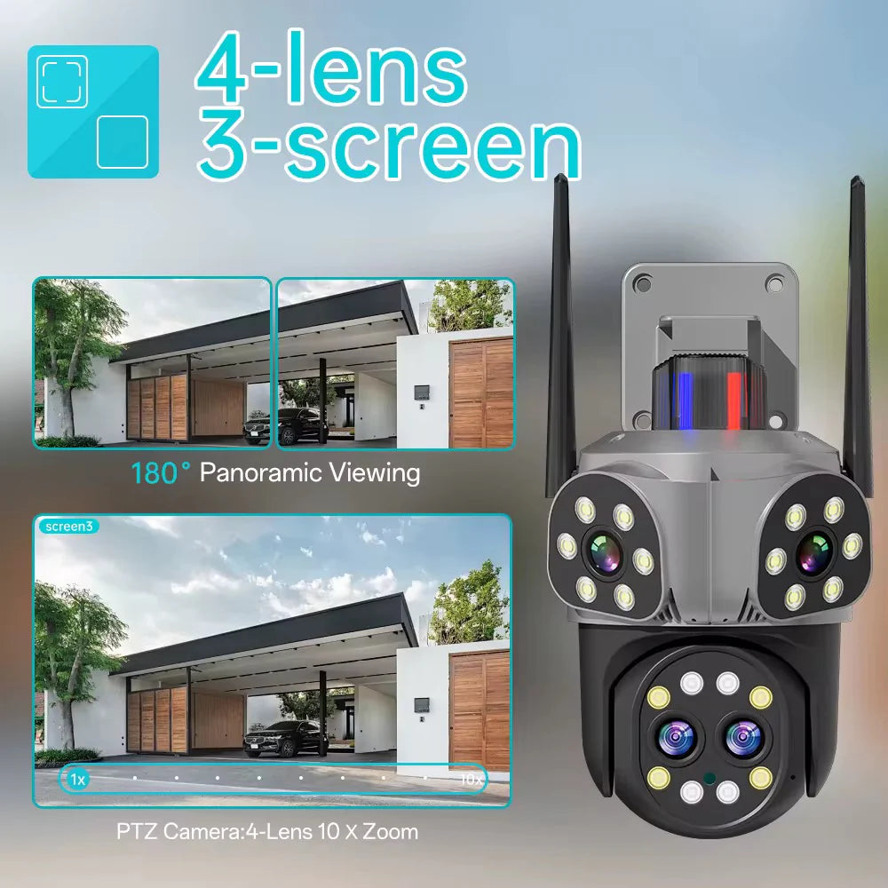 Camera de Supraveghere Tripla Jortan 6K Ultra HD 9MP, 4 Lentile Vedere nocturna color, Rotire 360°, Procesor AI, inteligenta de urmarire, Vedere Panoramica, IP66