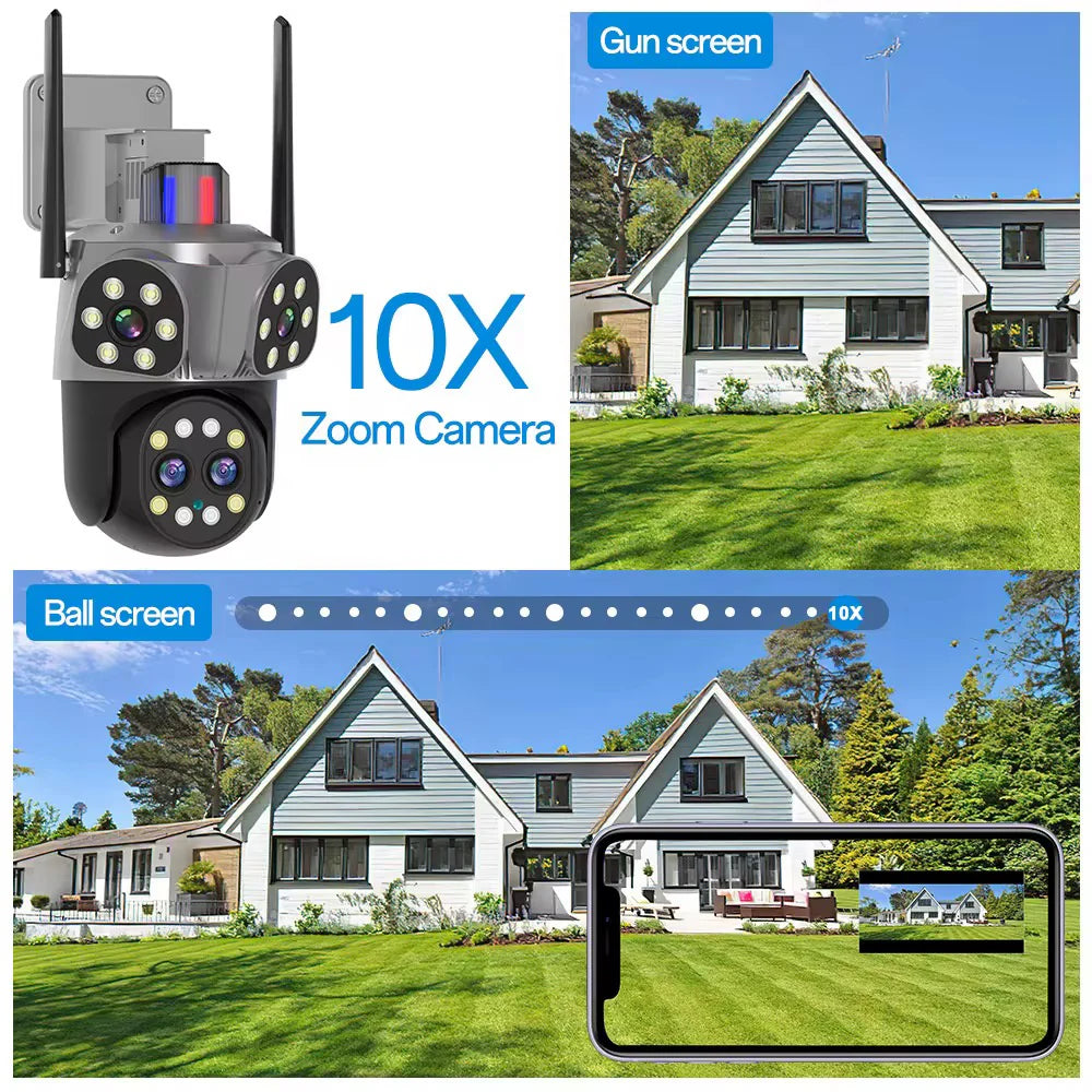 Camera de Supraveghere Tripla Jortan 6K Ultra HD 9MP, 4 Lentile Vedere nocturna color, Rotire 360°, Procesor AI, inteligenta de urmarire, Vedere Panoramica, IP66