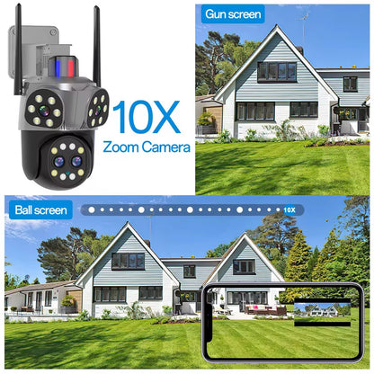 Camera de Supraveghere Tripla Jortan 6K Ultra HD 9MP, 4 Lentile Vedere nocturna color, Rotire 360°, Procesor AI, inteligenta de urmarire, Vedere Panoramica, IP66