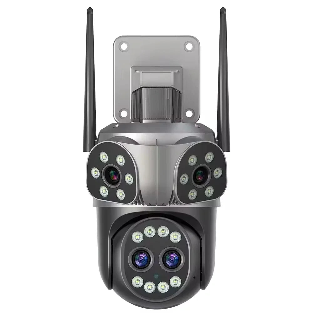 Camera de Supraveghere Tripla Jortan 6K Ultra HD 9MP, 4 Lentile Vedere nocturna color, Rotire 360°, Procesor AI, inteligenta de urmarire, Vedere Panoramica, IP66