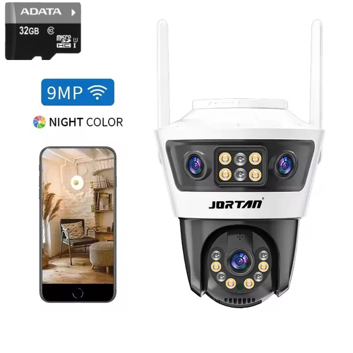 Camera de Supraveghere Tripla Jortan Fixa si mobila 9MP Ultra HD 6K, inteligenta de urmarire, 3 Lentile, Vedere nocturna color, Sirena cu Alarma, Detectie umana, microfon audio bidirectional