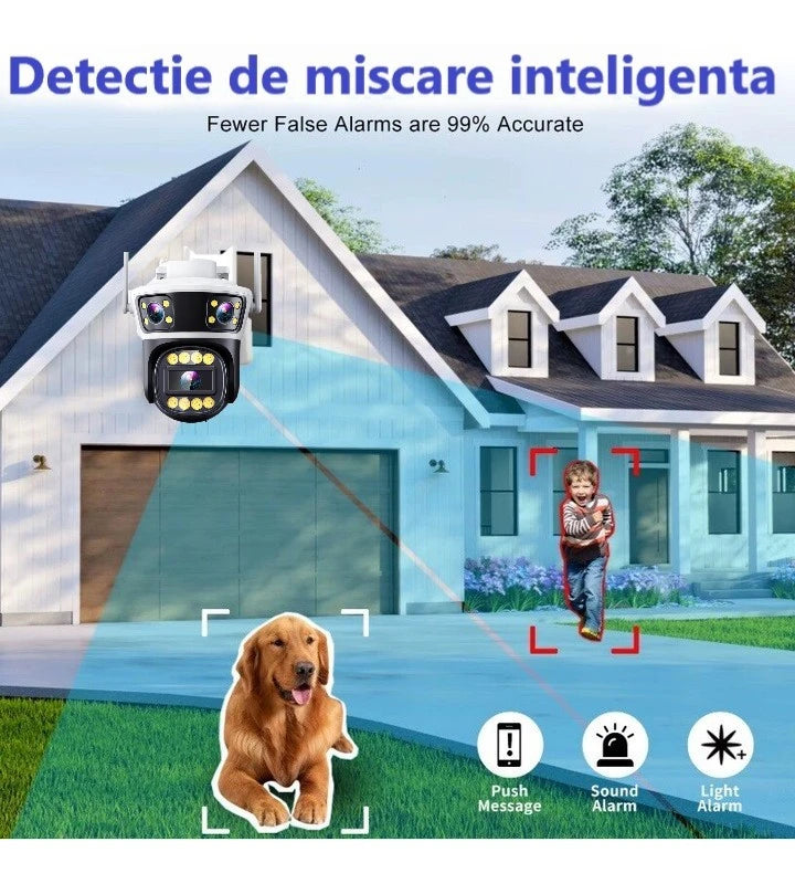 Camera de Supraveghere Wifi 8MP, 2 Lentile 4K Vedere color noaptea, Rotire 360°, 10X Zoom Senzor de miscare, inteligenta de urmarire, IP66, Audio bidirectional Acoperire Panoramică