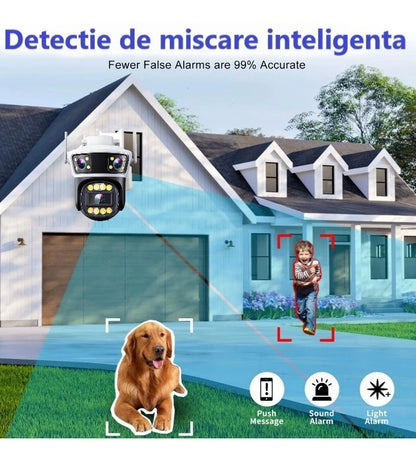 Camera de Supraveghere Wifi 8MP, 2 Lentile 4K Vedere color noaptea, Rotire 360°, 10X Zoom Senzor de miscare, inteligenta de urmarire, IP66, Audio bidirectional Acoperire Panoramică