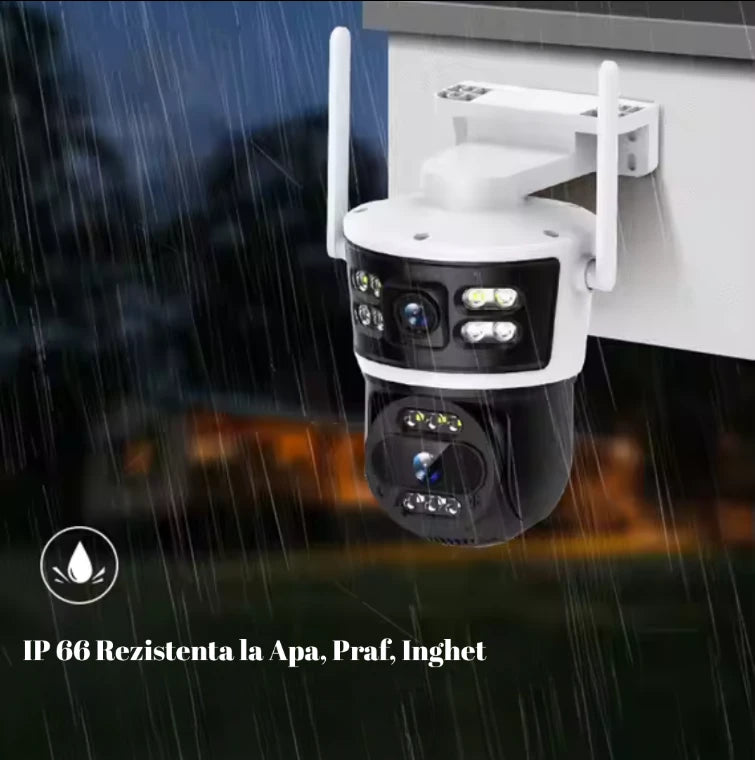 Camera de Supraveghere Wifi 8MP, 2 Lentile 4K Vedere color noaptea, Rotire 360°, 10X Zoom Senzor de miscare, inteligenta de urmarire, IP66, Audio bidirectional Acoperire Panoramică