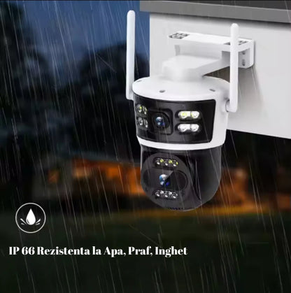 Camera de Supraveghere Wifi 8MP, 2 Lentile 4K Vedere color noaptea, Rotire 360°, 10X Zoom Senzor de miscare, inteligenta de urmarire, IP66, Audio bidirectional Acoperire Panoramică