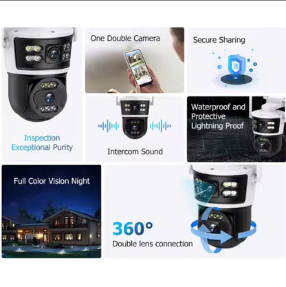 Camera de Supraveghere Wifi 8MP, 2 Lentile 4K Vedere color noaptea, Rotire 360°, 10X Zoom Senzor de miscare, inteligenta de urmarire, IP66, Audio bidirectional Acoperire Panoramică