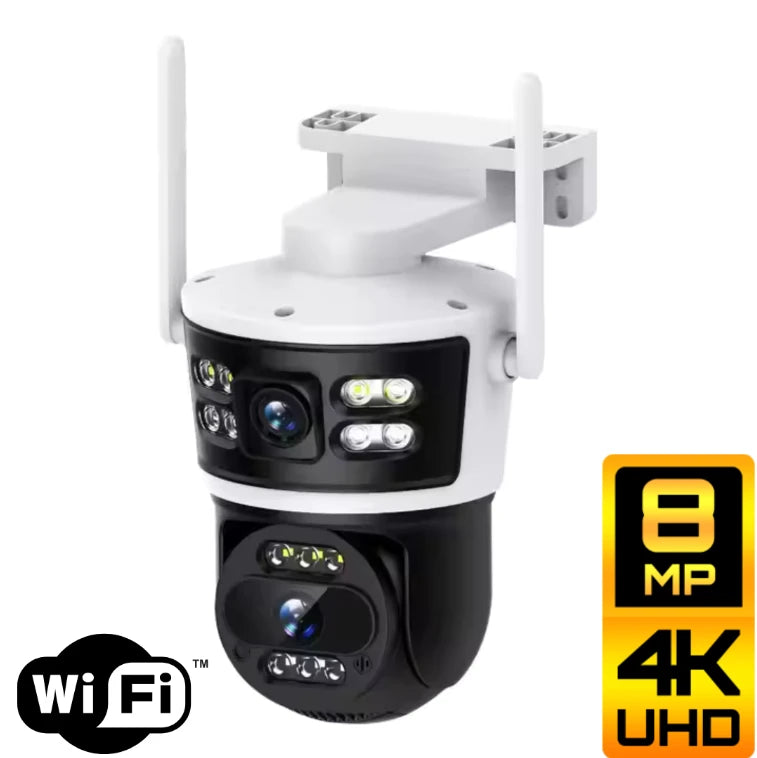 Camera de Supraveghere Wifi 8MP, 2 Lentile 4K Vedere color noaptea, Rotire 360°, 10X Zoom Senzor de miscare, inteligenta de urmarire, IP66, Audio bidirectional Acoperire Panoramică