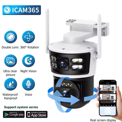 Camera de Supraveghere Wifi 8MP, 2 Lentile 4K Vedere color noaptea, Rotire 360°, 10X Zoom Senzor de miscare, inteligenta de urmarire, IP66, Audio bidirectional Acoperire Panoramică