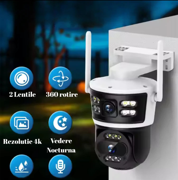 Camera de Supraveghere Wifi 8MP, 2 Lentile 4K Vedere color noaptea, Rotire 360°, 10X Zoom Senzor de miscare, inteligenta de urmarire, IP66, Audio bidirectional Acoperire Panoramică