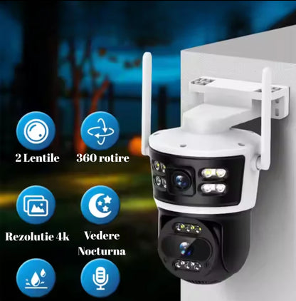 Camera de Supraveghere Wifi 8MP, 2 Lentile 4K Vedere color noaptea, Rotire 360°, 10X Zoom Senzor de miscare, inteligenta de urmarire, IP66, Audio bidirectional Acoperire Panoramică