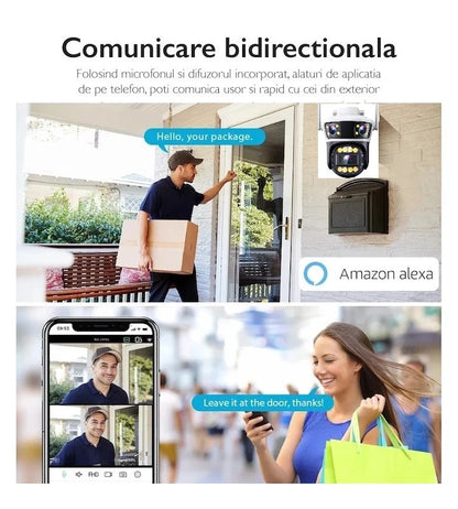 Camera de Supraveghere Wifi 8MP, 2 Lentile 4K Vedere color noaptea, Rotire 360°, 10X Zoom Senzor de miscare, inteligenta de urmarire, IP66, Audio bidirectional Acoperire Panoramică