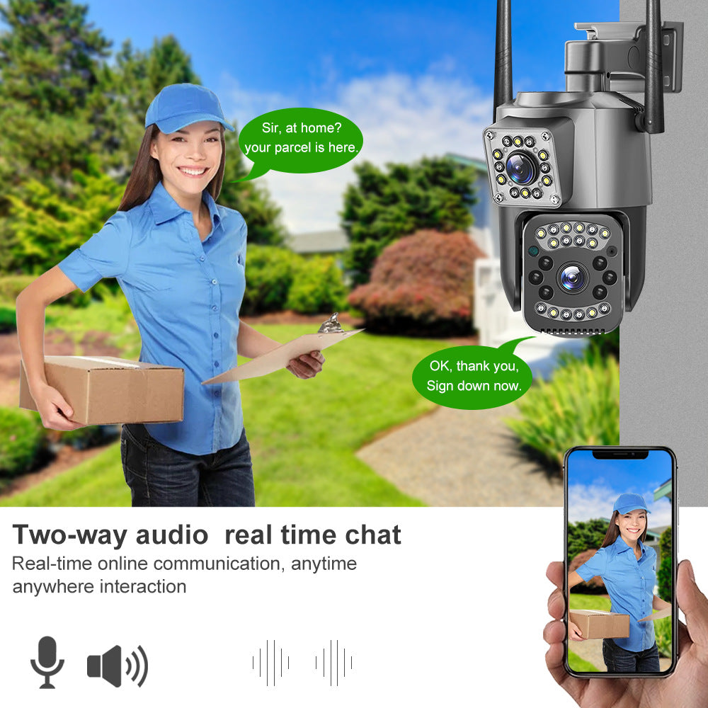 Camera de supraveghere WIFI Dubla, 2 camere video integrate, Rotire 360° ,6MP, 4K, Vedere Panoramica, 2 lentile, 10X zoom, Rezistenta la Apa, Detectare Umana, rotire rapida din aplicatie, vedere color noaptea, senzor de miscare, inteligenta de urmarire