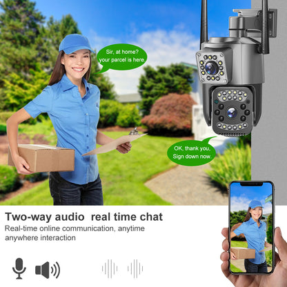 Camera de supraveghere WIFI Dubla, 2 camere video integrate, Rotire 360° ,6MP, 4K, Vedere Panoramica, 2 lentile, 10X zoom, Rezistenta la Apa, Detectare Umana, rotire rapida din aplicatie, vedere color noaptea, senzor de miscare, inteligenta de urmarire