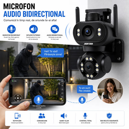 Cameră de Supraveghere WiFi JORTAN Pro 8MP Dual Lens, 4K Rotire 360°, Vedere Nocturnă Color, inteligenta de urmarire, Audio Bidirecțional, Alarmă Sirenă, Detectare Mișcare, IP66, Card 32GB Si Cablu 5M Cadou