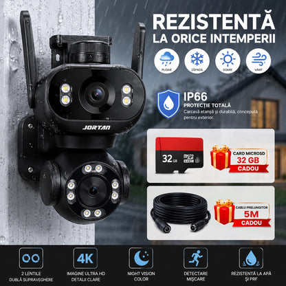 Cameră de Supraveghere WiFi JORTAN Pro 8MP Dual Lens, 4K Rotire 360°, Vedere Nocturnă Color, inteligenta de urmarire, Audio Bidirecțional, Alarmă Sirenă, Detectare Mișcare, IP66, Card 32GB Si Cablu 5M Cadou