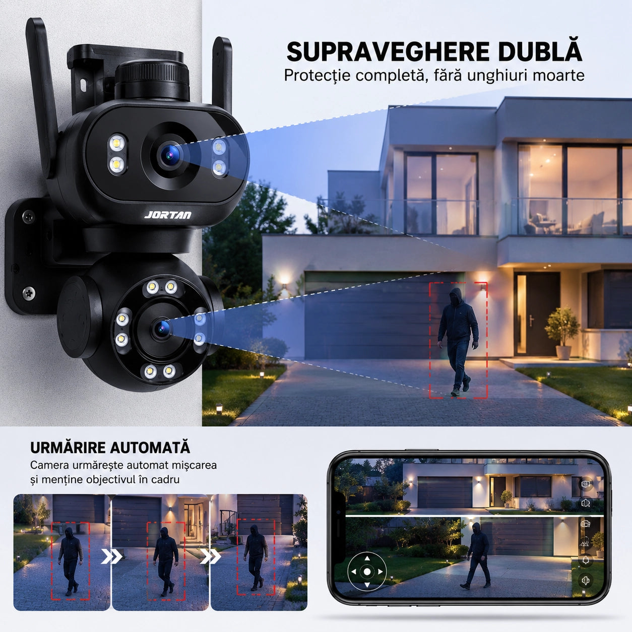 Cameră de Supraveghere WiFi JORTAN Pro 8MP Dual Lens, 4K Rotire 360°, Vedere Nocturnă Color, inteligenta de urmarire, Audio Bidirecțional, Alarmă Sirenă, Detectare Mișcare, IP66, Card 32GB Si Cablu 5M Cadou