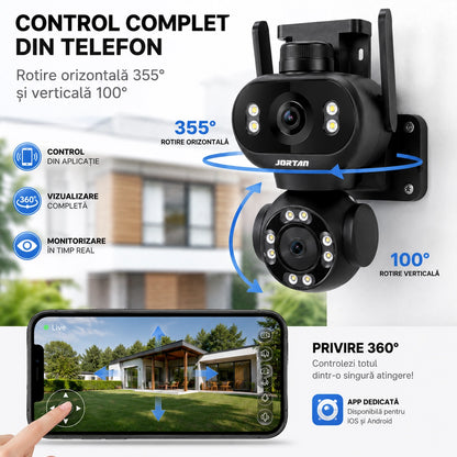 Cameră de Supraveghere WiFi JORTAN Pro 8MP Dual Lens, 4K Rotire 360°, Vedere Nocturnă Color, inteligenta de urmarire, Audio Bidirecțional, Alarmă Sirenă, Detectare Mișcare, IP66, Card 32GB Si Cablu 5M Cadou