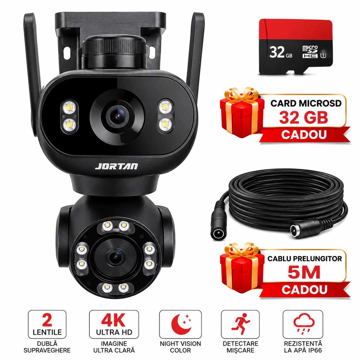 Cameră de Supraveghere WiFi JORTAN Pro 8MP Dual Lens, 4K Rotire 360°, Vedere Nocturnă Color, inteligenta de urmarire, Audio Bidirecțional, Alarmă Sirenă, Detectare Mișcare, IP66, Card 32GB Si Cablu 5M Cadou