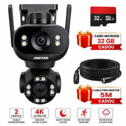 Cameră de Supraveghere WiFi JORTAN Pro 8MP Dual Lens, 4K Rotire 360°, Vedere Nocturnă Color, inteligenta de urmarire, Audio Bidirecțional, Alarmă Sirenă, Detectare Mișcare, IP66, Card 32GB Si Cablu 5M Cadou