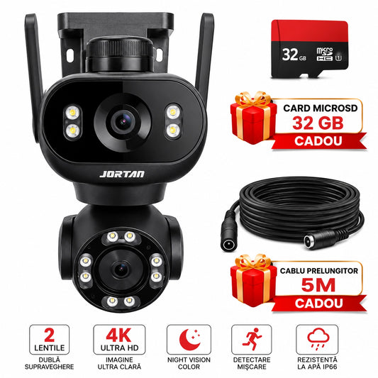 Cameră de Supraveghere WiFi JORTAN Pro 8MP Dual Lens, 4K Rotire 360°, Vedere Nocturnă Color, inteligenta de urmarire, Audio Bidirecțional, Alarmă Sirenă, Detectare Mișcare, IP66, Card 32GB Si Cablu 5M Cadou