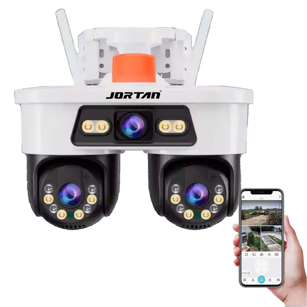 Cameră Supraveghere WiFi Jortan Ultra HD 9 MP 6K, 3 Lentile, Cap Dublu PTZ 355° cu Acoperire Panoramică, Viziune Color Noaptea, Audio Bidirecțional, Rezistenta IP66