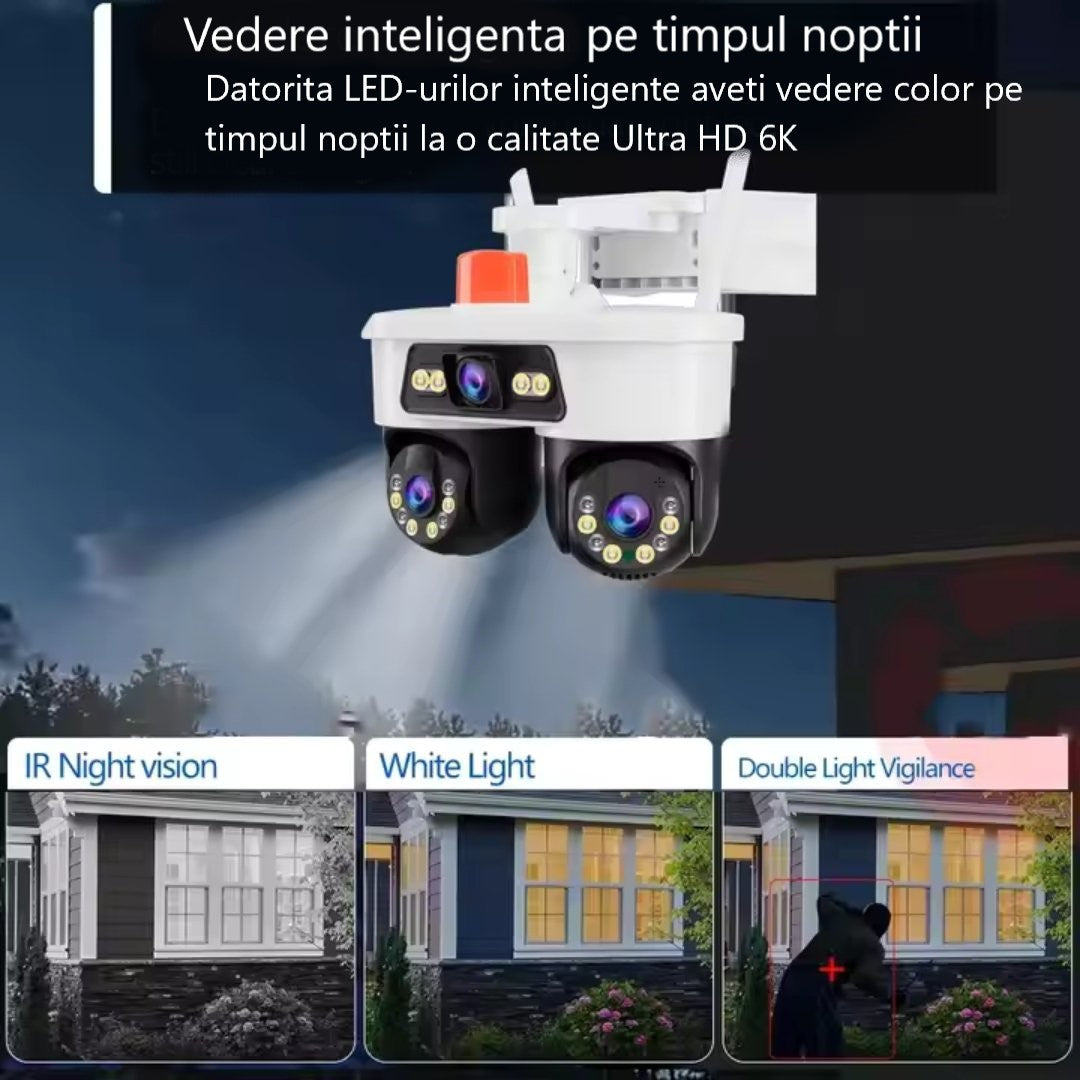 Cameră Supraveghere WiFi Jortan Ultra HD 9 MP 6K, 3 Lentile, Cap Dublu PTZ 355° cu Acoperire Panoramică, Viziune Color Noaptea, Audio Bidirecțional, Rezistenta IP66