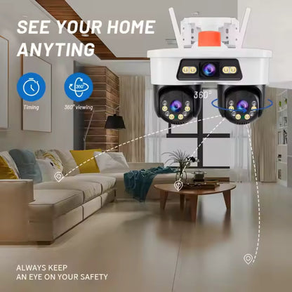 Cameră Supraveghere WiFi Jortan Ultra HD 9 MP 6K, 3 Lentile, Cap Dublu PTZ 355° cu Acoperire Panoramică, Viziune Color Noaptea, Audio Bidirecțional, Rezistenta IP66