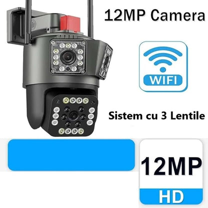 Cameră Supraveghere WiFi Ultra HD 12MP 6K, 3 Lentile, PTZ 355° cu Acoperire Panoramică, Viziune Color Noaptea, Audio Bidirecțional, Rezistenta IP66