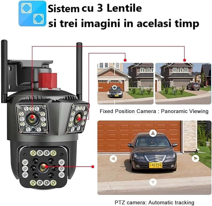 Cameră Supraveghere WiFi Ultra HD 12MP 6K, 3 Lentile, PTZ 355° cu Acoperire Panoramică, Viziune Color Noaptea, Audio Bidirecțional, Rezistenta IP66