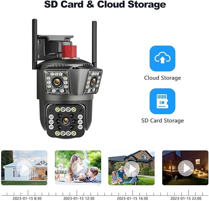 Cameră Supraveghere WiFi Ultra HD 12MP 6K, 3 Lentile, PTZ 355° cu Acoperire Panoramică, Viziune Color Noaptea, Audio Bidirecțional, Rezistenta IP66